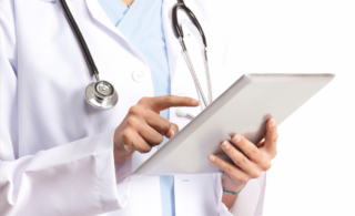 A doctor holding a clipboard with a stethoscope.